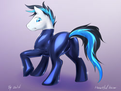 Size: 1200x900 | Tagged: safe, artist:equus, oc, oc only, oc:heartful voice, earth pony, pony, blushing, clothes, dolce tikky, latex, male, skinsuit, stallion, suit, tight clothing