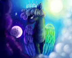 Size: 1280x1024 | Tagged: safe, artist:arfaise, oc, oc only, crown, moon, solo, sun