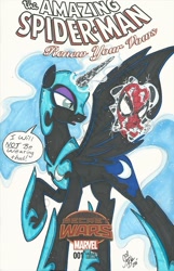 Size: 1024x1587 | Tagged: safe, artist:ponygoddess, nightmare moon, cover, mask, solo, spider-man