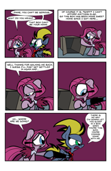 Size: 1242x1920 | Tagged: safe, artist:joeywaggoner, oc, oc only, oc:spotlight, box, comic, diane, pinkie clone, the clone that got away