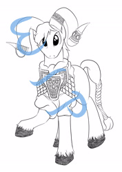 Size: 2480x3507 | Tagged: safe, artist:darkhestur, oc, oc only, original species, armor, jewelry, lineart, male, monochrome, ram, ram horns, solo, wip