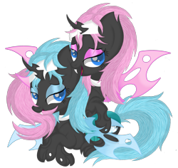 Size: 4343x4101 | Tagged: safe, artist:law44444, aloe, lotus blossom, changeling, absurd resolution, bedroom eyes, blue changeling, changelingified, ear bite, fangs, looking at you, open mouth, pink changeling, smiling, spa twins, tail bite