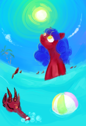 Size: 1700x2500 | Tagged: safe, artist:arfaise, oc, oc only, sea dragon, sea pony, beach ball, ocean, sun