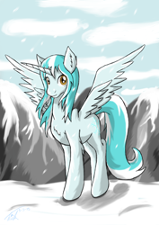 Size: 2480x3508 | Tagged: safe, artist:yukiko-snowflake, oc, oc only, oc:freeze winter, alicorn, pony, alicorn oc, snow, snowfall, solo, winter
