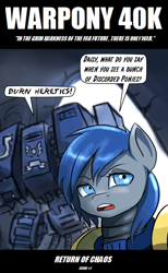 Size: 1182x1920 | Tagged: safe, artist:mod-of-chaos, daisy, flower wishes, oc, oc:naked steel, armor, ask-thewarpony, crossover, dreadnought, powered exoskeleton, space marine, speech bubble, tumblr, ultramarine, warhammer (game), warhammer 40k