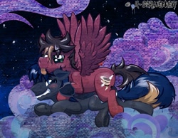 Size: 1013x788 | Tagged: safe, artist:h-stallionwolf, oc, oc only, oc:marker pace, oc:melodic stream, pegasus, pony, cloud, cloudy, gay, love, male, night, shipping, sky, snuggling, wingboner