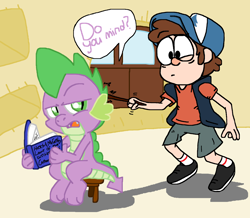 Size: 2356x2056 | Tagged: safe, artist:tagman007, spike, dragon, human, book, crossover, dipper pines, duo, golden oaks library, gravity falls, poking