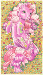 Size: 451x778 | Tagged: safe, artist:hollowzero, cheerilee (g3), earth pony, pony, g3, female, flower, from above, looking at you, on back, solo, underhoof