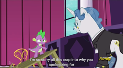 Size: 1278x712 | Tagged: safe, screencap, fancypants, spike, dragon, princess spike (episode), meme, youtube caption