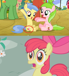 Size: 773x849 | Tagged: safe, edit, screencap, apple bloom, apple cinnamon, apple flora, gala appleby, marmalade jalapeno popette, pink lady, sweet tooth, wensley, apple family reunion, apple family member, cutie mark, filly, shocked