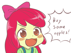 Size: 703x526 | Tagged: safe, artist:ta-na, apple bloom, call of the cutie, equestria girls, adorabloom, anime, bust, buy some apples, cute, cute little fangs, dialogue, fangs, ohayou face, portrait, solo, speech bubble