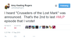 Size: 630x346 | Tagged: safe, derpibooru import, crusaders of the lost mark, amy keating rogers, text, twitter