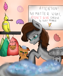 Size: 2893x3450 | Tagged: safe, artist:rozzy3, oc, oc only, parrot, cockatiel, grumpy cat, ponysona, poor cat