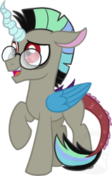 Size: 446x700 | Tagged: dead source, safe, artist:tambelon, oc, oc only, oc:paradox crisis, hybrid, glasses, interspecies offspring, offspring, parent:discord, parent:princess celestia, parents:dislestia, simple background, solo, transparent background, watermark