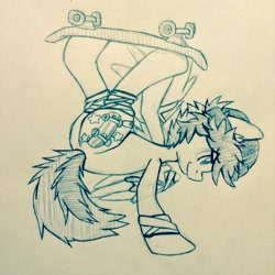 Size: 1280x1280 | Tagged: safe, artist:mysteriouskaos, oc, oc only, oc:kickflip, skateboard, solo, traditional art