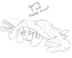 Size: 1024x819 | Tagged: safe, artist:artguydis, berry punch, berryshine, berrybetes, blanket, clothes, cute, hiding, laundry, laundry pony, monochrome, solo