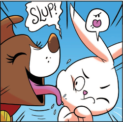 Size: 633x627 | Tagged: safe, idw, angel bunny, winona, spoiler:comic, spoiler:comic23, licking, looming shipping, panel