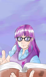 Size: 1152x1920 | Tagged: safe, artist:knight-alui, twilight sparkle, human, book, glasses, humanized, solo