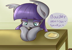 Size: 1280x897 | Tagged: safe, artist:freefraq, boulder (pet), maud pie, earth pony, pony, clothes, female, gray coat, mare, purple mane