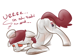 Size: 1280x963 | Tagged: safe, artist:nobody, oc, oc only, oc:coke pony, food pony, original species, ass up, coke, dialogue, face down ass up, female, floppy ears, mare, sick, solo