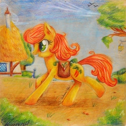 Size: 2751x2746 | Tagged: safe, artist:0okami-0ni, carrot top, golden harvest, earth pony, pony, running, saddle bag, solo, traditional art