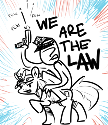 Size: 682x789 | Tagged: safe, artist:nobody, oc, oc only, oc:anon, oc:blue fuzz, human, gun, humans riding ponies, police, shooting, sketch, weapon