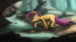 Size: 4000x2250 | Tagged: safe, artist:fuzzyfox11, scootaloo, pegasus, pony, detailed background, female, filly, solo