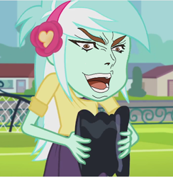 Size: 420x431 | Tagged: safe, edit, screencap, lyra heartstrings, all's fair in love and friendship games, equestria girls, friendship games, dio brando, face edit, hat, jojo's bizarre adventure, meme, solo, wat