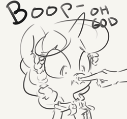 Size: 991x928 | Tagged: safe, artist:nobody, oc, oc only, oc:marker pony, human, boop, hand, monochrome, nose picking, nose wrinkle, sketch, surprised, wavy mouth