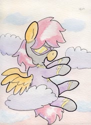 Size: 726x997 | Tagged: safe, artist:slightlyshade, pegasus, pony, clothes, cloud, cloudy, flying, goggles, shadowbolts, shadowbolts costume, solo, traditional art