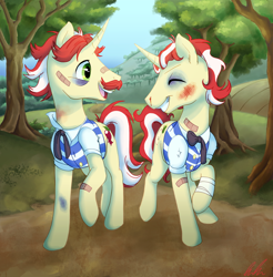 Size: 1148x1166 | Tagged: safe, artist:c-puff, flam, flim, pony, unicorn, bandage, bandaid, black eye, blood, brothers, bruised, duo, flim flam brothers, injured, male, nosebleed, siblings, smiling, stallion