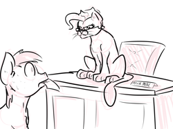 Size: 1280x958 | Tagged: safe, artist:nobody, mayor mare, cougar (animal), desk, monochrome, pun, sketch, species swap