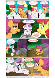 Size: 1024x1447 | Tagged: safe, artist:jeremy3, apple bloom, scootaloo, sweetie belle, pony, comic:everfree, comic, cutie mark crusaders, everfree forest, force field, panic, prank, trolling, unconscious