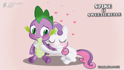 Size: 1920x1080 | Tagged: safe, artist:csanimations, spike, sweetie belle, dragon, blushing, female, hug, male, shipping, spikebelle, straight