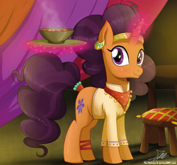 Size: 1871x1742 | Tagged: safe, artist:the-butch-x, saffron masala, pony, unicorn, spice up your life, bandana, chef, clothes, cute, female, food, indian, looking at you, magic, mare, signature, smiling, solo, soup, steam, tray