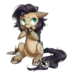 Size: 865x900 | Tagged: safe, artist:moenkin, oc, oc only, oc:silver mine, cake, eating, messy eating, simple background, sitting, solo, transparent background, unshorn fetlocks