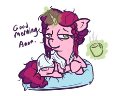Size: 1081x859 | Tagged: safe, artist:nobody, oc, oc only, oc:marker pony, coffee, dialogue, looking at you, magic, morning ponies, mug, prone, solo, telekinesis