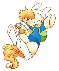 Size: 319x382 | Tagged: safe, artist:yukandasama, cat, adventure time, backpack, blushing, cake the cat, clothes, eyes closed, finn the human, fionna the human, gap teeth, happy, hat, hooves, jake the dog, open mouth, pixiv, ponified, rabbit hat, rule 63, shirt, simple background, socks, solo, species swap