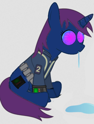 Size: 418x548 | Tagged: safe, artist:dr-phoen-x, edit, oc, oc only, oc:littlepip, pony, unicorn, fallout equestria, clothes, drool, fanfic, fanfic art, female, mare, parasite, pipbuck, possessed, simple background, solo, vault suit