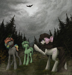 Size: 1654x1723 | Tagged: safe, artist:koviry, oc, oc only, oc:krylone, earth pony, griffon, pony, unicorn, forest, rain, spruce