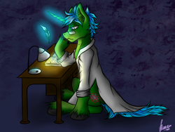 Size: 1600x1200 | Tagged: safe, artist:stirren, oc, oc only, oc:gray, pony, unicorn, book, magic, reading, scientist