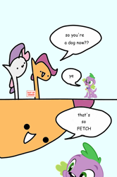 Size: 600x904 | Tagged: safe, artist:wollap, scootaloo, spike, sweetie belle, dog, mean girls, out of order, pun, spike the dog