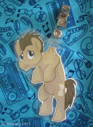 Size: 570x777 | Tagged: safe, artist:lobitaworks, doctor whooves, pony, badge, con badge, hanging, irl, male, merchandise, photo, stallion, unamused