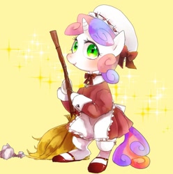 Size: 841x848 | Tagged: safe, artist:chi-hayu, sweetie belle, pony, unicorn, blushing, broom, clothes, cute, female, filly, looking at you, maid, mary janes, skirt, smiling, solo