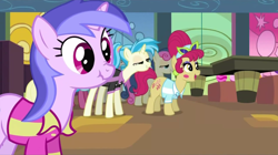 Size: 1674x935 | Tagged: safe, screencap, allie way, big wig, bon bon, cherry berry, sea swirl, seafoam, sweetie drops, twinkleshine, the cutie pox, bowling alley, nose wrinkle, scrunchy face