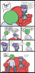 Size: 900x1839 | Tagged: safe, artist:shoutingisfun, boulder (pet), maud pie, oc, oc:anon, earth pony, human, pony, anon's couch, clothes, comic, cute, dialogue, dress, eyeshadow, female, food, friday night, makeup, male, mare, maudabetes, open mouth, pants, pizza, pun, shirt, sitting, slice of life, sofa, speech bubble, vulgar