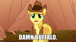 Size: 888x499 | Tagged: safe, edit, edited screencap, screencap, braeburn, over a barrel, image macro, meme, mondegreen, solo