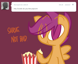 Size: 650x532 | Tagged: safe, artist:frostedwarlock, scootaloo, ask, popcorn, rainbow dash replies, solo, tumblr