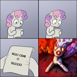 Size: 1024x1024 | Tagged: safe, sweetie belle, sweetie bot, pony, robot, robot pony, unicorn, friendship is witchcraft, apocalypse, bipedal, exploitable meme, female, filly, foal, gradient background, hoof hold, hooves, horn, letter, meme, paper, pony font, solo, sweetie's note meme, two toned hair, white coat