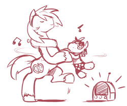 Size: 850x708 | Tagged: safe, artist:ende26, big macintosh, smarty pants, pony, bipedal, cathedral radio, dancing, eyes closed, monochrome, music, radio, sketch, smiling, solo